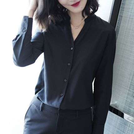 吸睛丝垂雪纺v领黑色衬衫女设计感小众长袖衬衣女2020新款上衣女